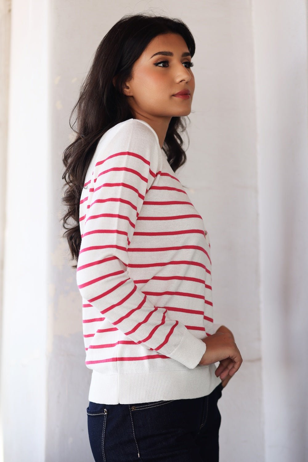 Pull Marinière Syrine – Blanc Rayé Fushia