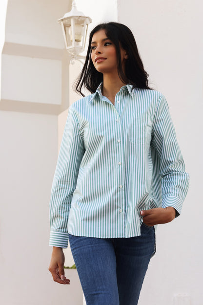 Chemise May – Blanc à rayures vertes