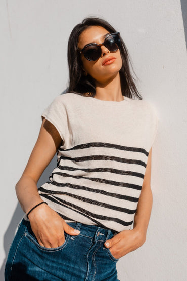 Top Maha – Écru rayé Noir