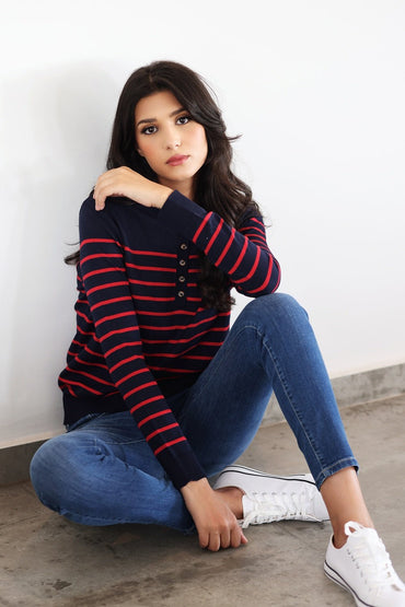 Pull Marinière Syrine – Bleu Rayé Fushia