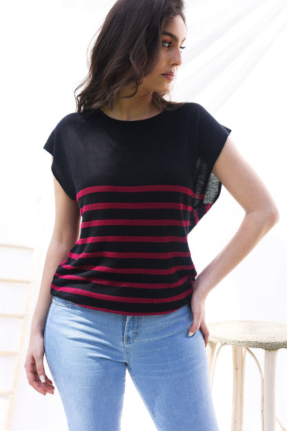 Top Maha – Noir rayé Framboise