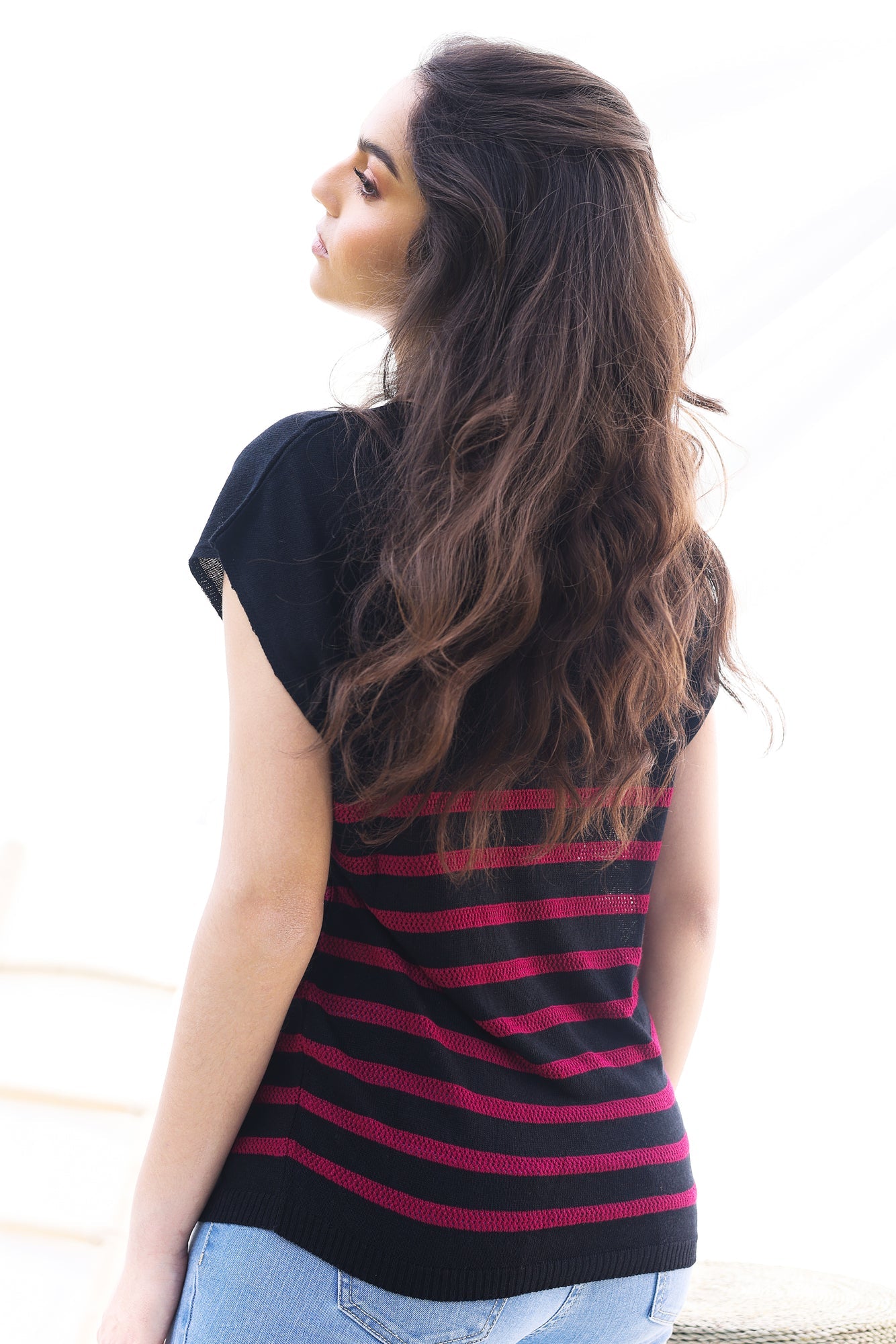 Top Maha – Noir rayé Framboise