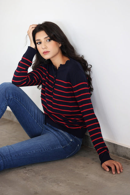 Pull Marinière Syrine – Bleu Rayé Fushia